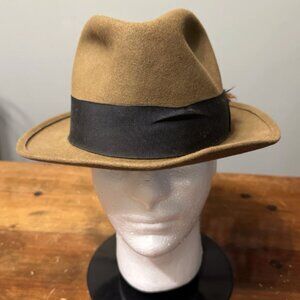 Vintage Mallory Torino Quality Fedora Hat Size 7 3/8 Camel Tan w/ Feather